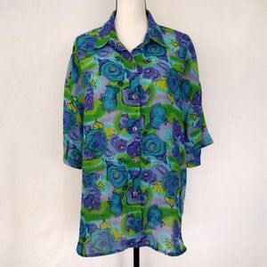 Vintage 1980s Cabrais Colorful Semi Sheer Button Down Blouse